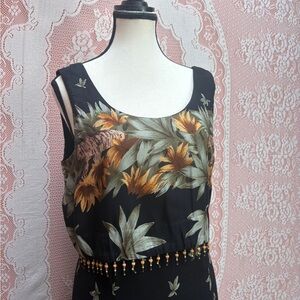 Vintage 90s Jessica Rayon Midi Dress w Wooden Beaded Fringe Tie Sz 14